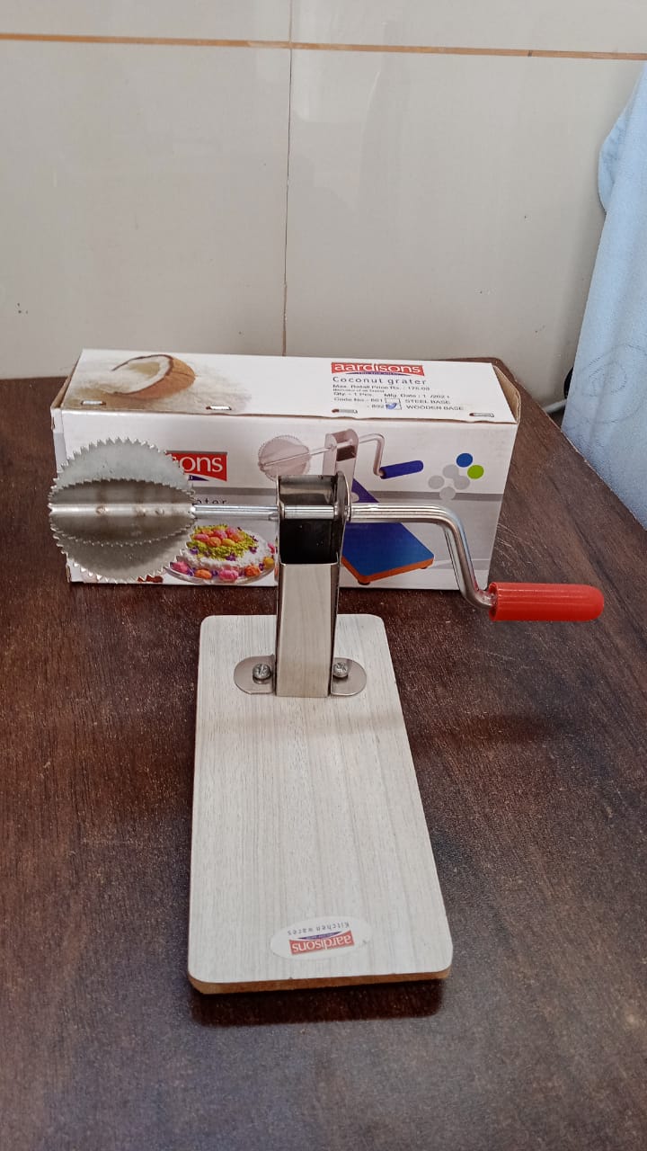 Stainless Steel Coconut Scraper Grater with Wooden Base β Manual Hand Roller for Fresh Coconut (1 Pc)