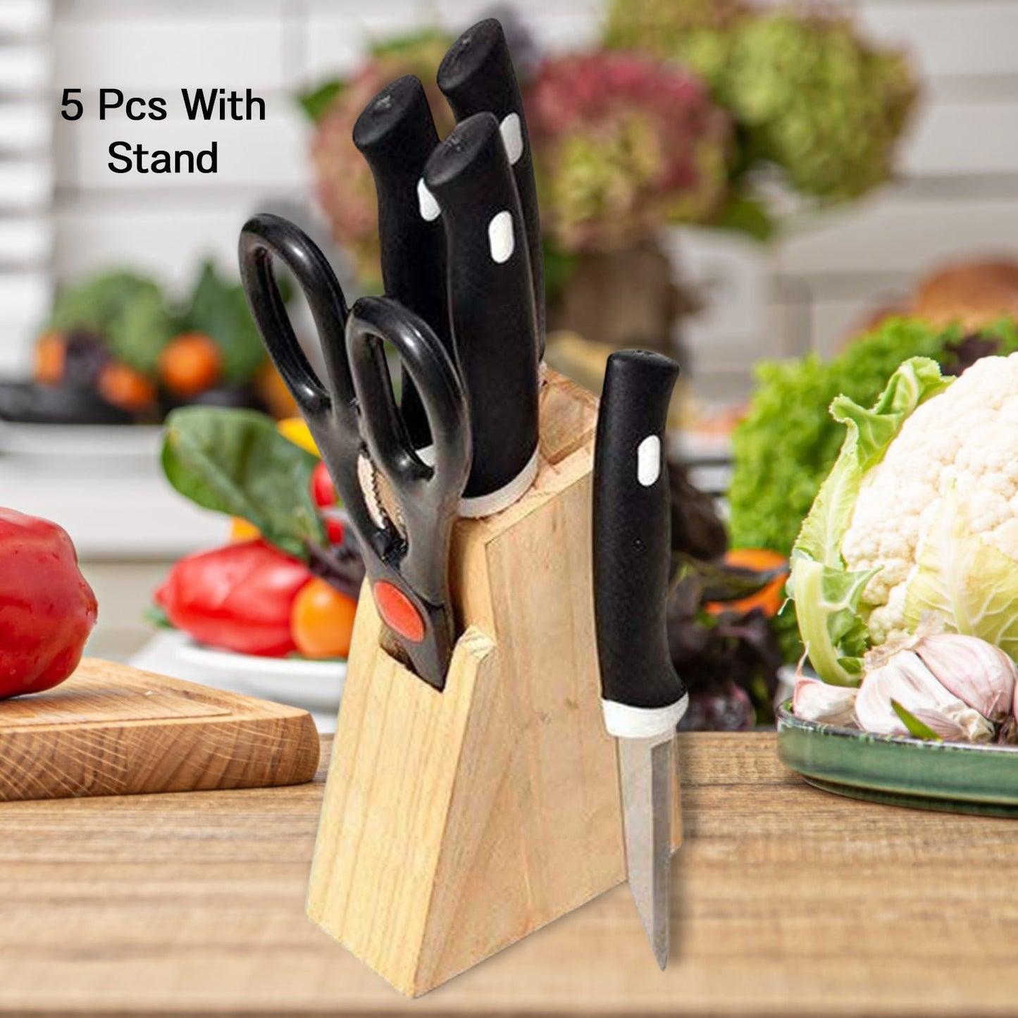 5-Piece Kitchen Knife Set with Wooden Block & Scissors – Professional Chef Knives for Home Kitchen (Black)