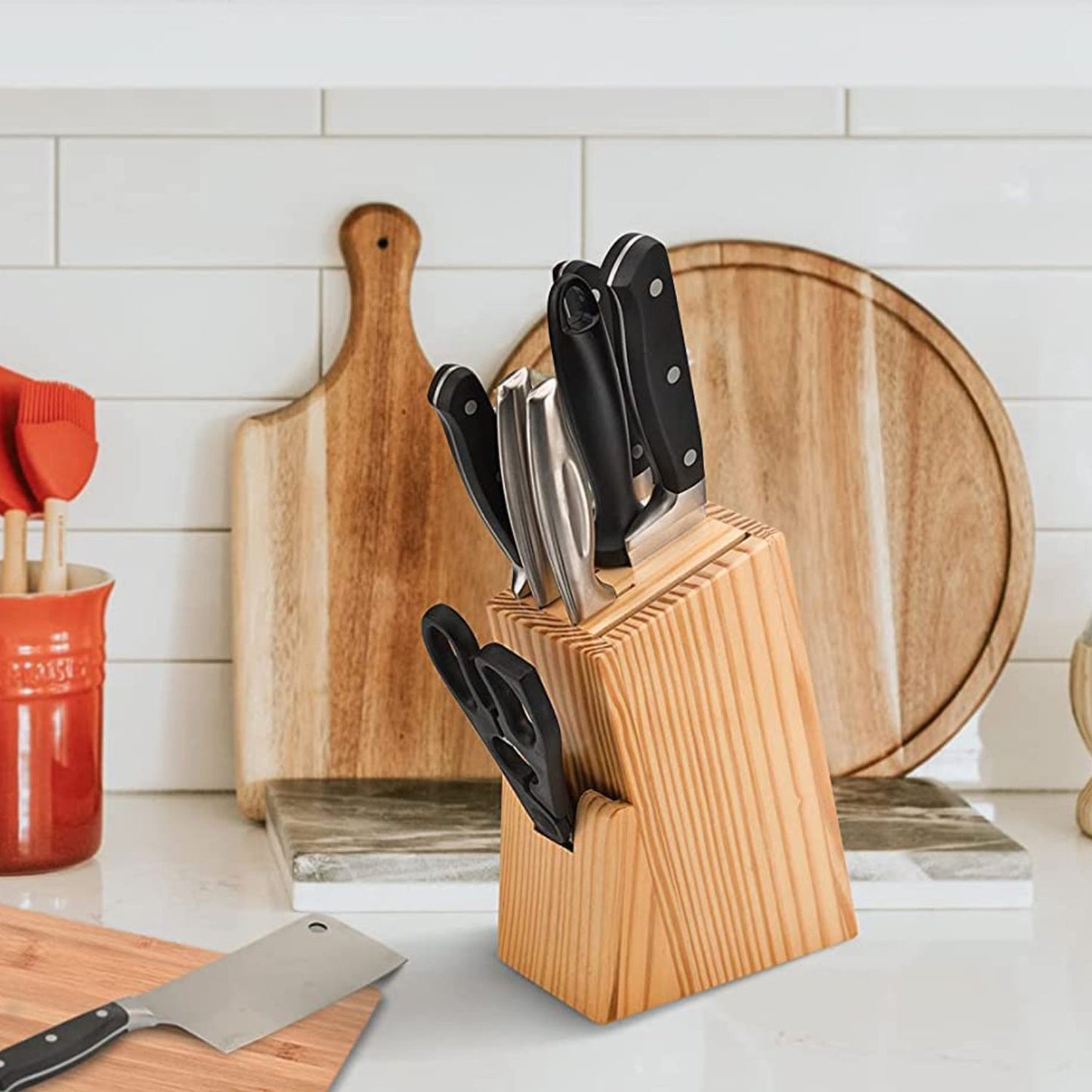 5-Piece Kitchen Knife Set with Wooden Block & Scissors – Professional Chef Knives for Home Kitchen (Black)