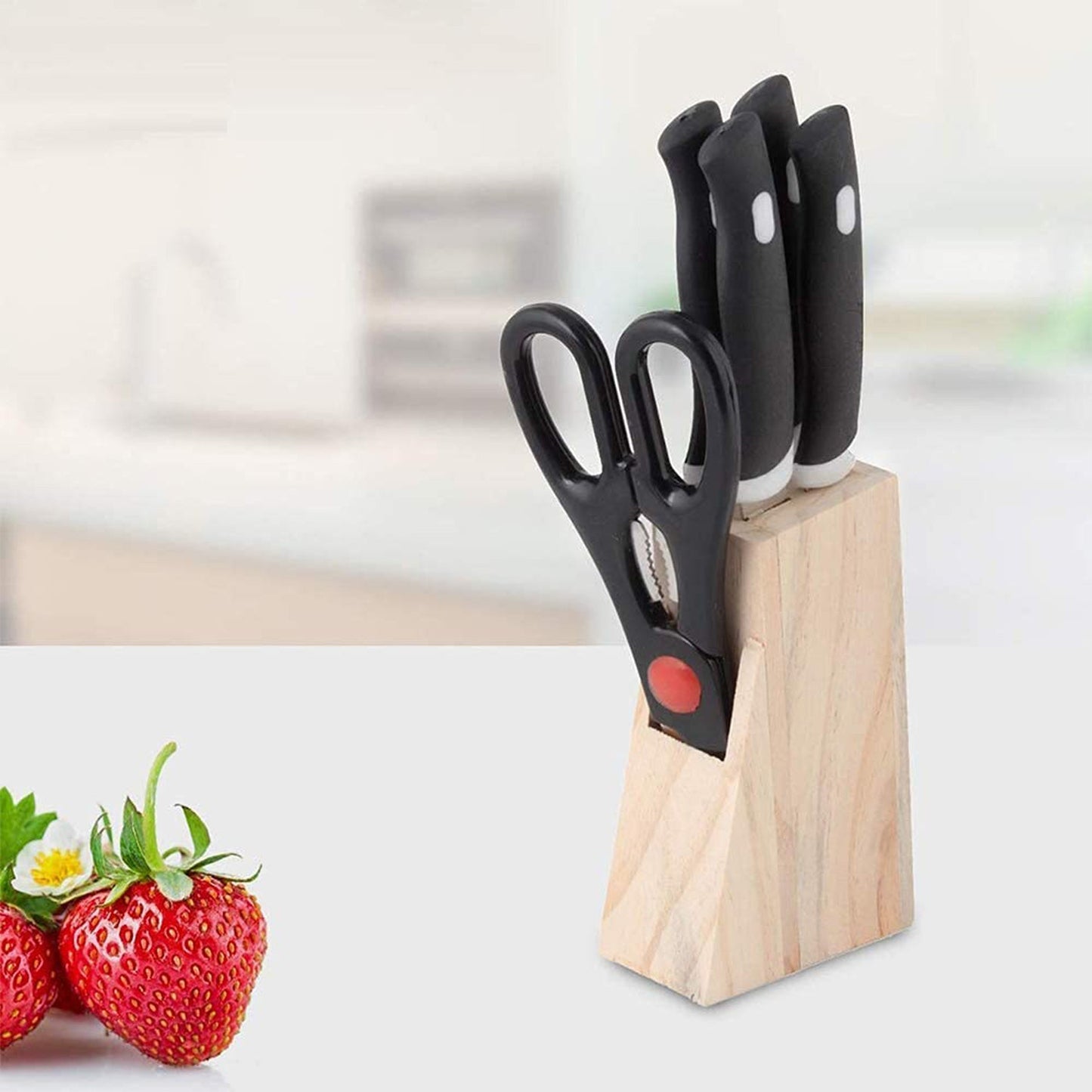 5-Piece Kitchen Knife Set with Wooden Block & Scissors – Professional Chef Knives for Home Kitchen (Black)