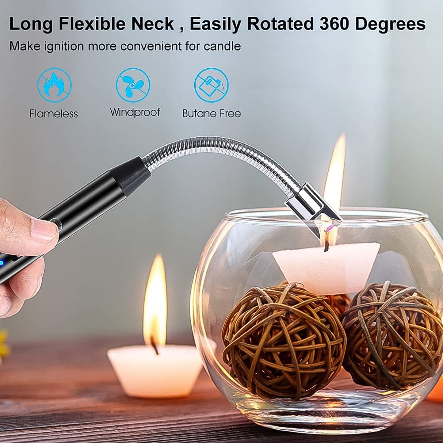 Long Flexible Electric Arc USB Lighter – Windproof Flameless Plasma Lighter for Candles, BBQ & Kitchen (1 Pc)
