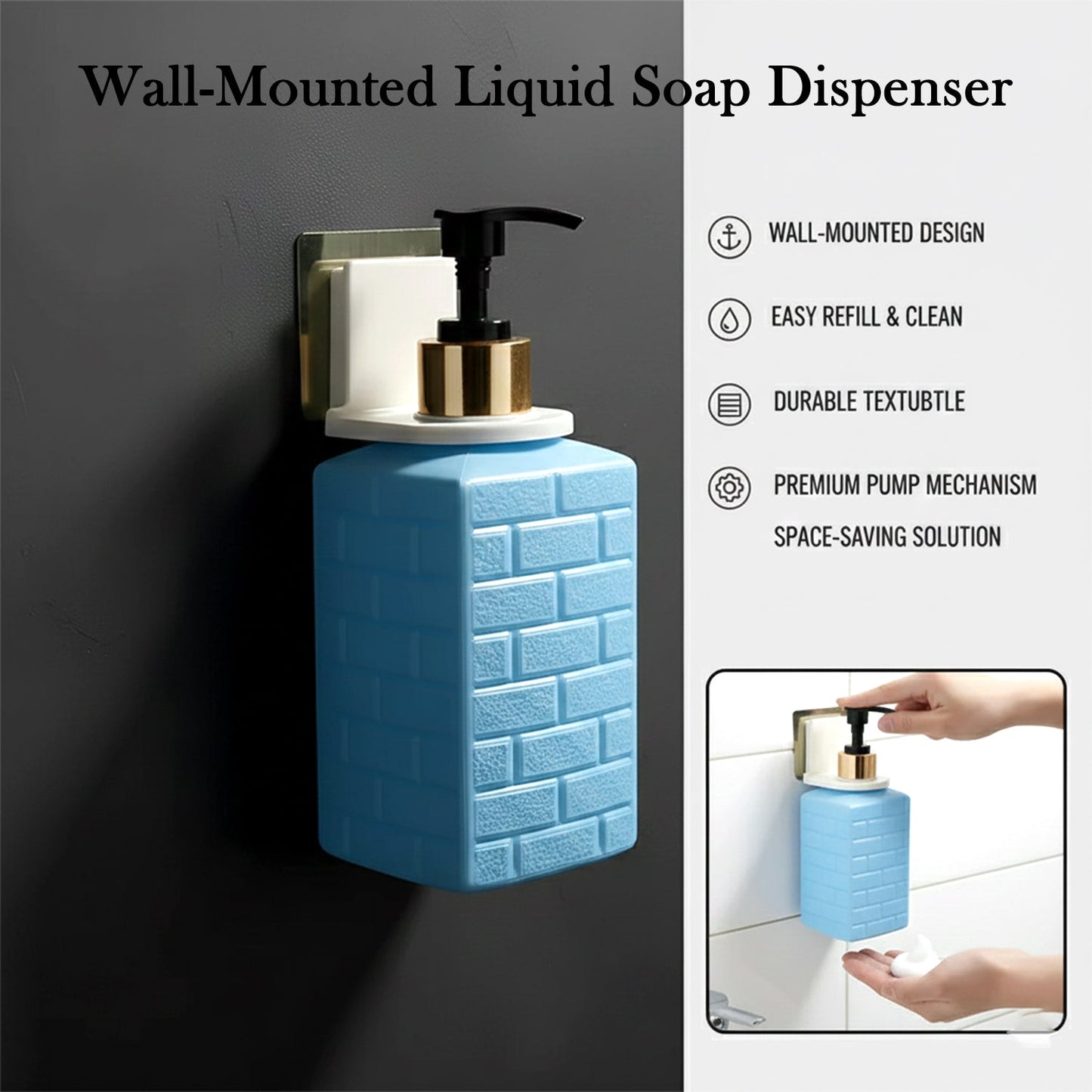 Wall-Mounted Liquid Soap Dispenser with Push Pump & Self-Adhesive Holder – Space-Saving Bathroom & Kitchen Handwash Dispenser (1 Set)
