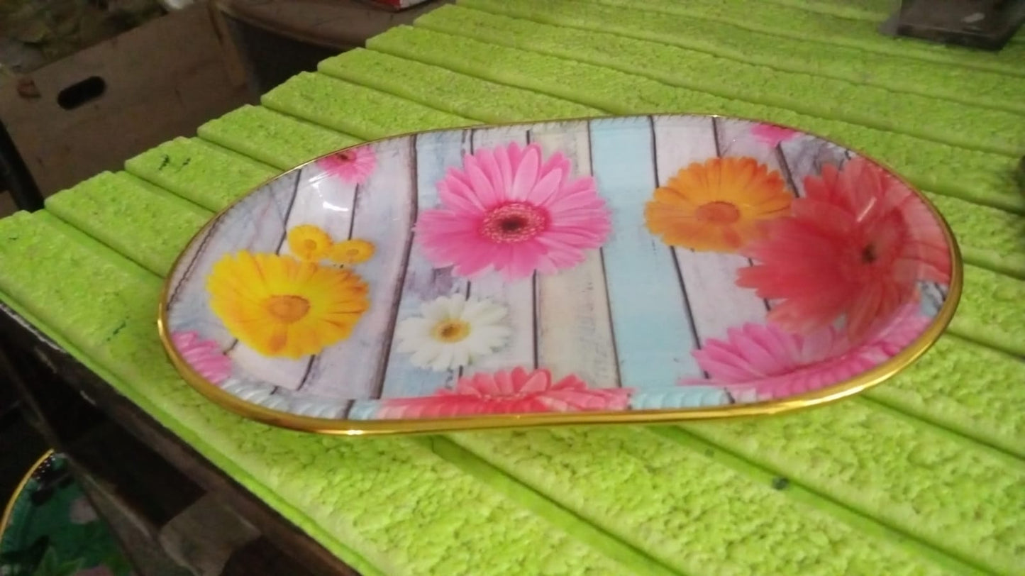 Flower Printed Plastic Serving Tray – Medium Size 31×21 CM, Kitchen & Dining Tray (1 Pc / Mix Color)