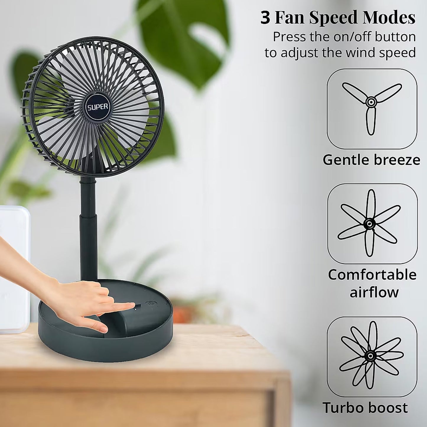 Rechargeable Desktop Table Fan with Integrated Mobile Phone Holder – Portable Cooling Fan for Home, Office & Study Desk (1 Pc)