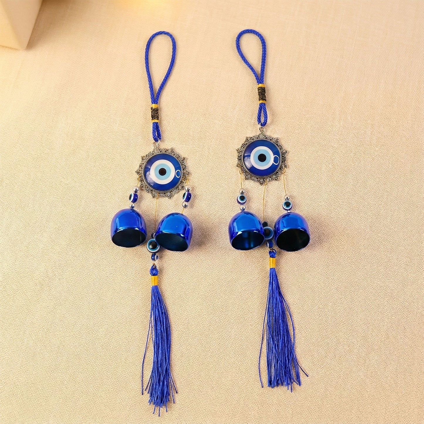 Evil Eye Nazar Hanging Wind Chime with Bells & Tassels – Protective Charm for Home, Door & Balcony Decor (Set of 2)