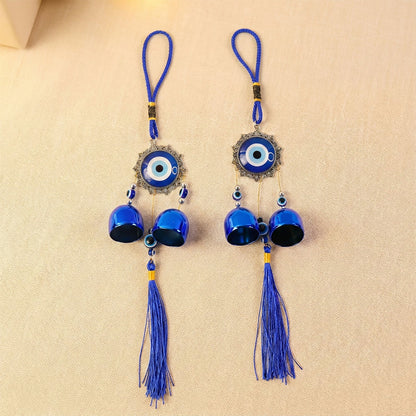 Evil Eye Nazar Hanging Wind Chime with Bells & Tassels – Protective Charm for Home, Door & Balcony Decor (Set of 2)