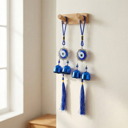 Evil Eye Nazar Hanging Wind Chime with Bells & Tassels – Protective Charm for Home, Door & Balcony Decor (Set of 2)