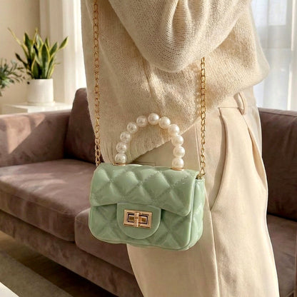 Quilted Mini Fashion Handbag with Pearl Handle & Chain Strap – Stylish Compact Sling Bag for Women (1 Pc)
