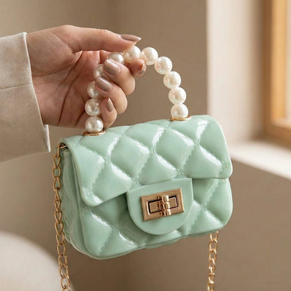 Quilted Mini Fashion Handbag with Pearl Handle & Chain Strap – Stylish Compact Sling Bag for Women (1 Pc)