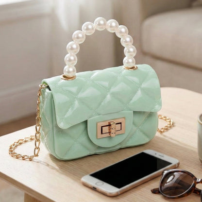 Quilted Mini Fashion Handbag with Pearl Handle & Chain Strap – Stylish Compact Sling Bag for Women (1 Pc)