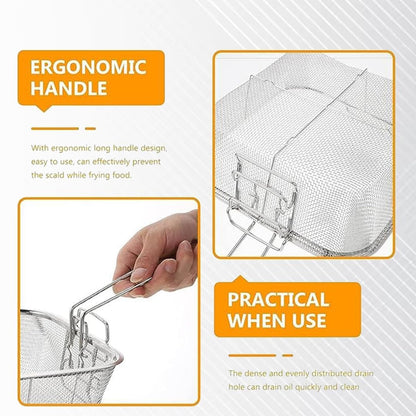 Stainless Steel Deep Frying Basket with Long Handle – Square Mesh Strainer for Safe Oil Draining & Kitchen Use (1 Pc)