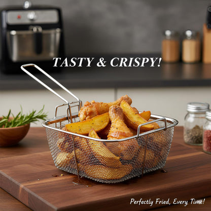 Stainless Steel Deep Frying Basket with Long Handle – Square Mesh Strainer for Safe Oil Draining & Kitchen Use (1 Pc)