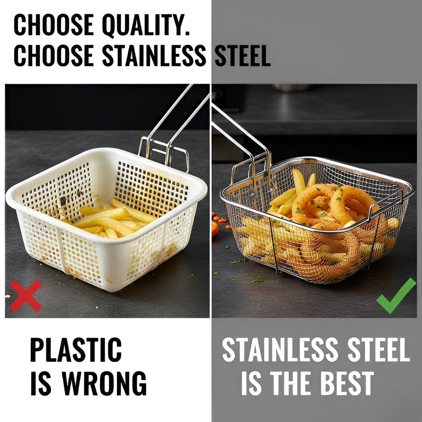 Stainless Steel Deep Frying Basket with Long Handle – Square Mesh Strainer for Safe Oil Draining & Kitchen Use (1 Pc)