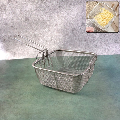 Stainless Steel Deep Frying Basket with Long Handle – Square Mesh Strainer for Safe Oil Draining & Kitchen Use (1 Pc)
