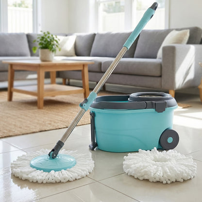Steel Bucket Spin Mop Set with Microfiber Mop Head & Wheeled Bucket – Heavy-Duty Floor Cleaning System (1 Set)