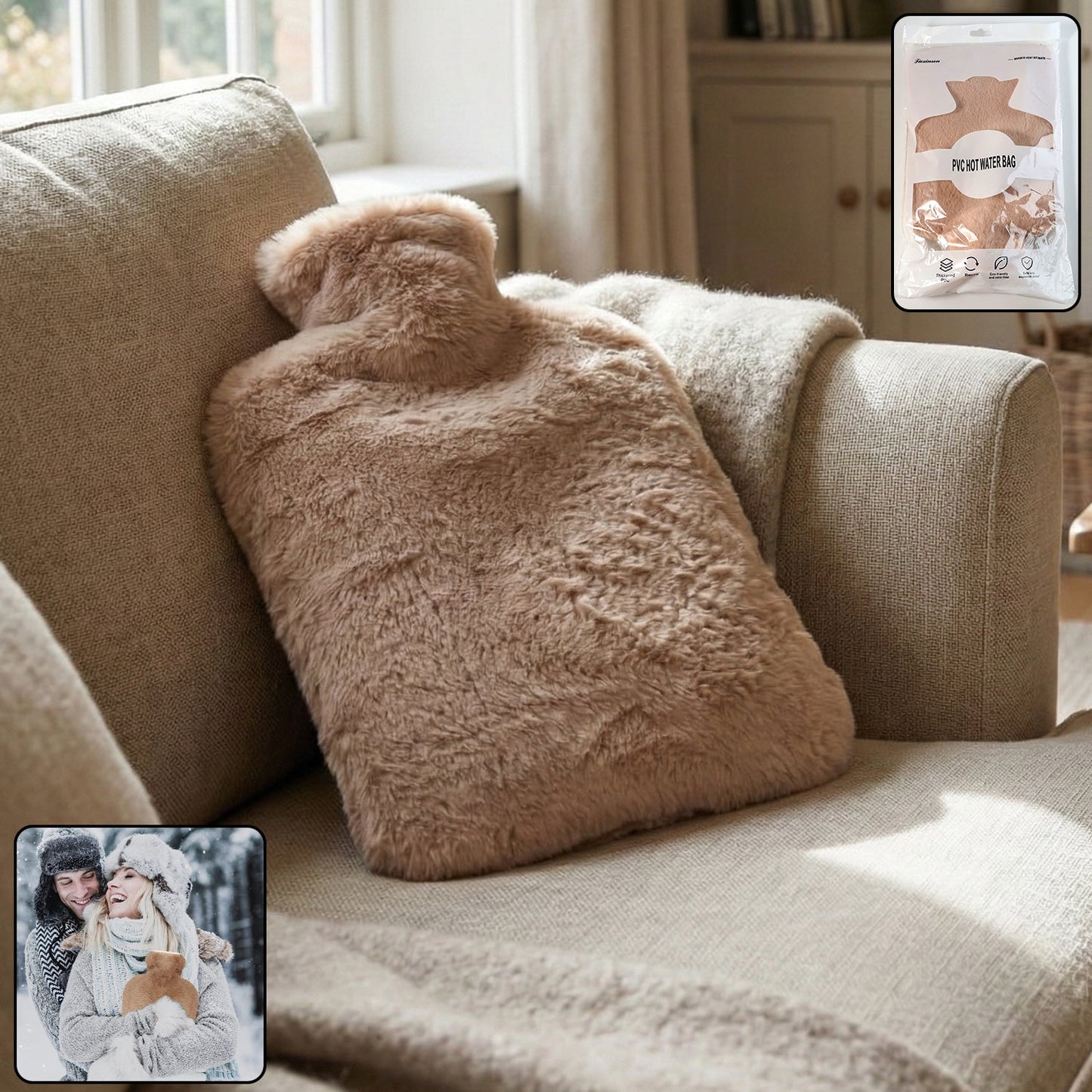 PVC Hot Water Bag with Soft Fur Cover – Reusable Heat Therapy Bottle for Pain Relief & Winter Warmth (1 Pc)