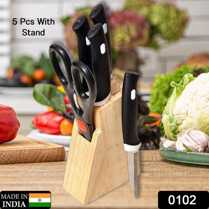 5-Piece Kitchen Knife Set with Wooden Block & Scissors – Professional Chef Knives for Home Kitchen (Black)